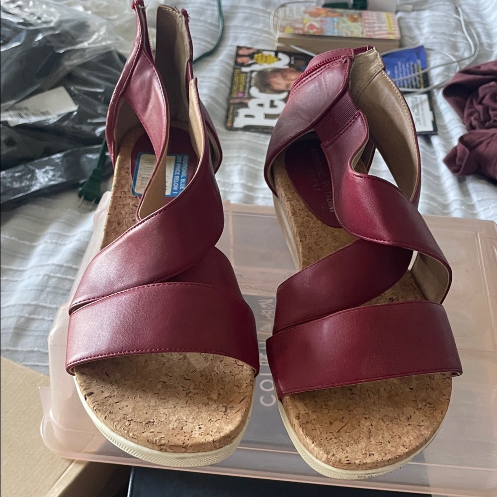 Adrienne Vittadini Burgundy/red. Strappy Cork Wedge Sandals. Worn one time